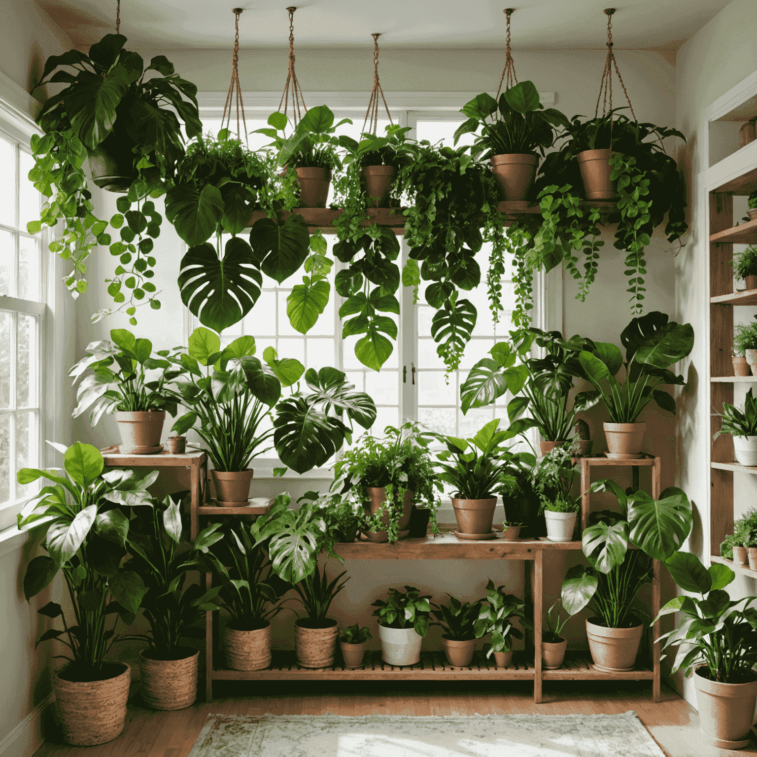 A lush indoor garden with a variety of healthy houseplants, including trailing pothos, sturdy monstera, and delicate ferns, arranged on wooden shelves and hanging planters in a sunlit room