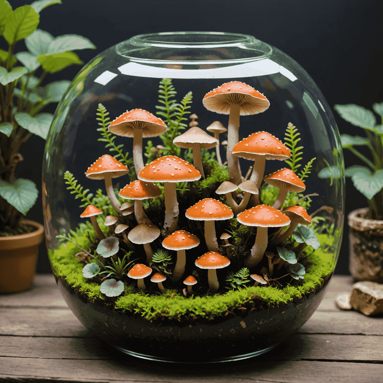 Various colorful ornamental mushrooms growing in a terrarium, showcasing different shapes and sizes for beginners