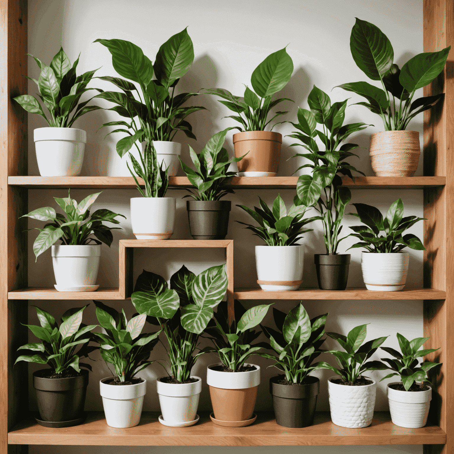 A collage of various healthy indoor plants, including pothos, snake plants, and fiddle leaf figs, arranged in stylish pots on a wooden shelf with natural light streaming in