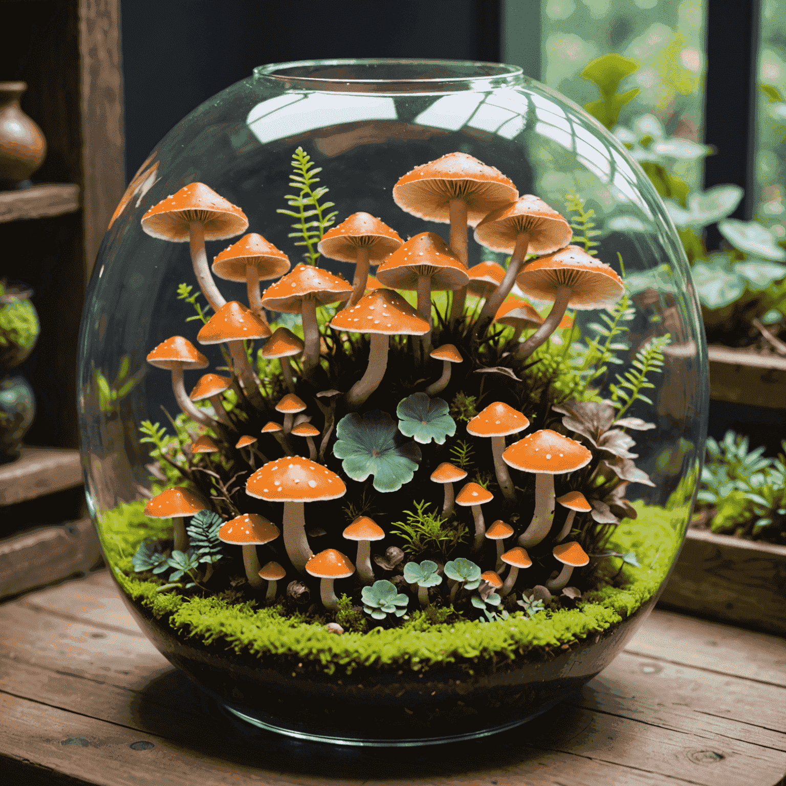 A variety of colorful ornamental mushrooms growing in a terrarium-like setup, showcasing different shapes and sizes