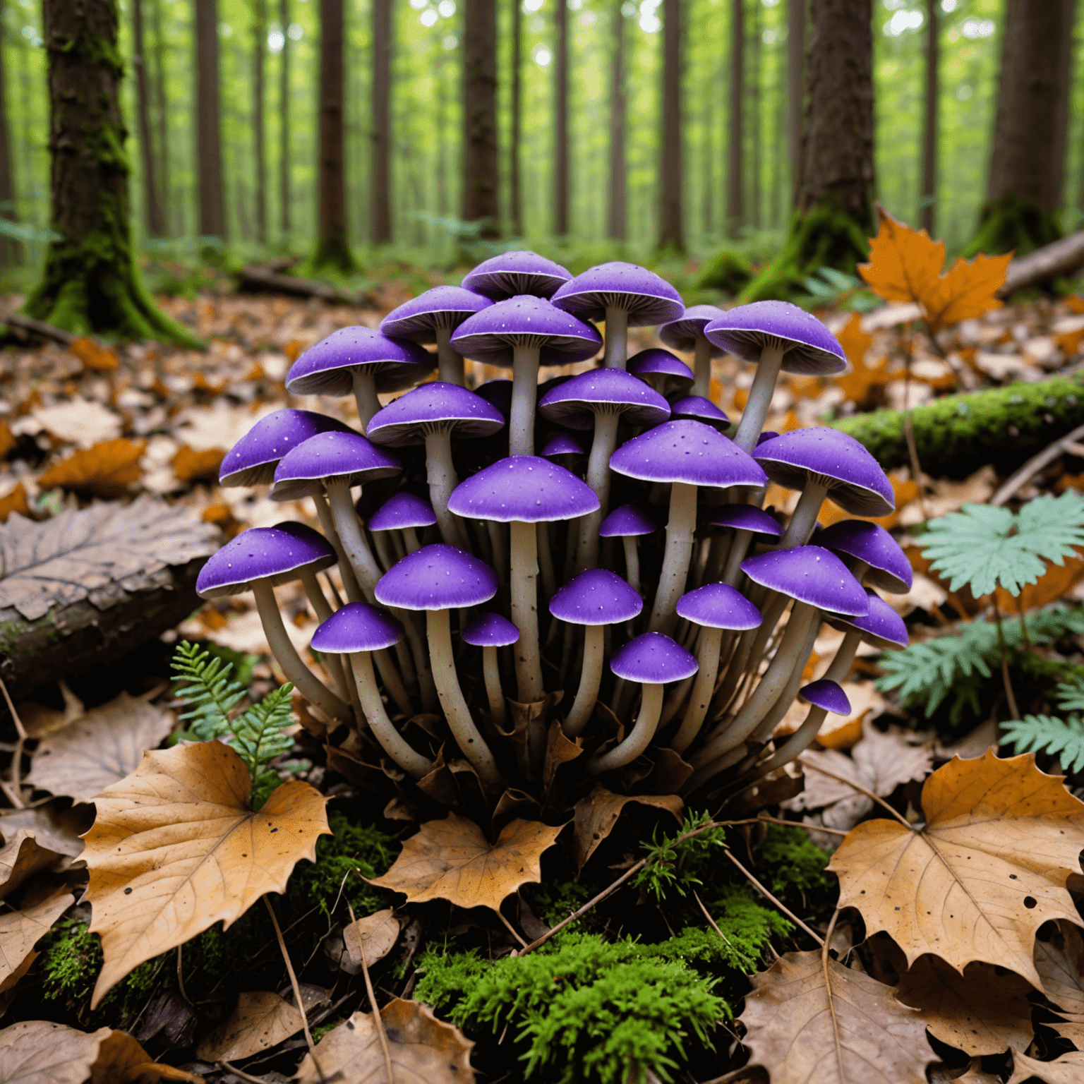 A cluster of small, vibrant purple mushrooms with slender stems and delicate caps, growing among fallen leaves in a forest setting