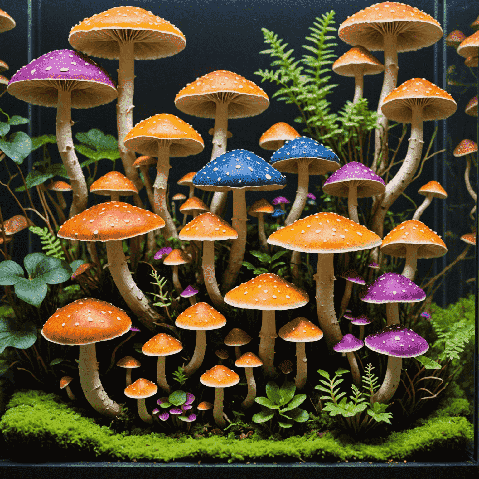 A variety of colorful ornamental mushrooms growing in a controlled indoor environment, showcasing different shapes and sizes