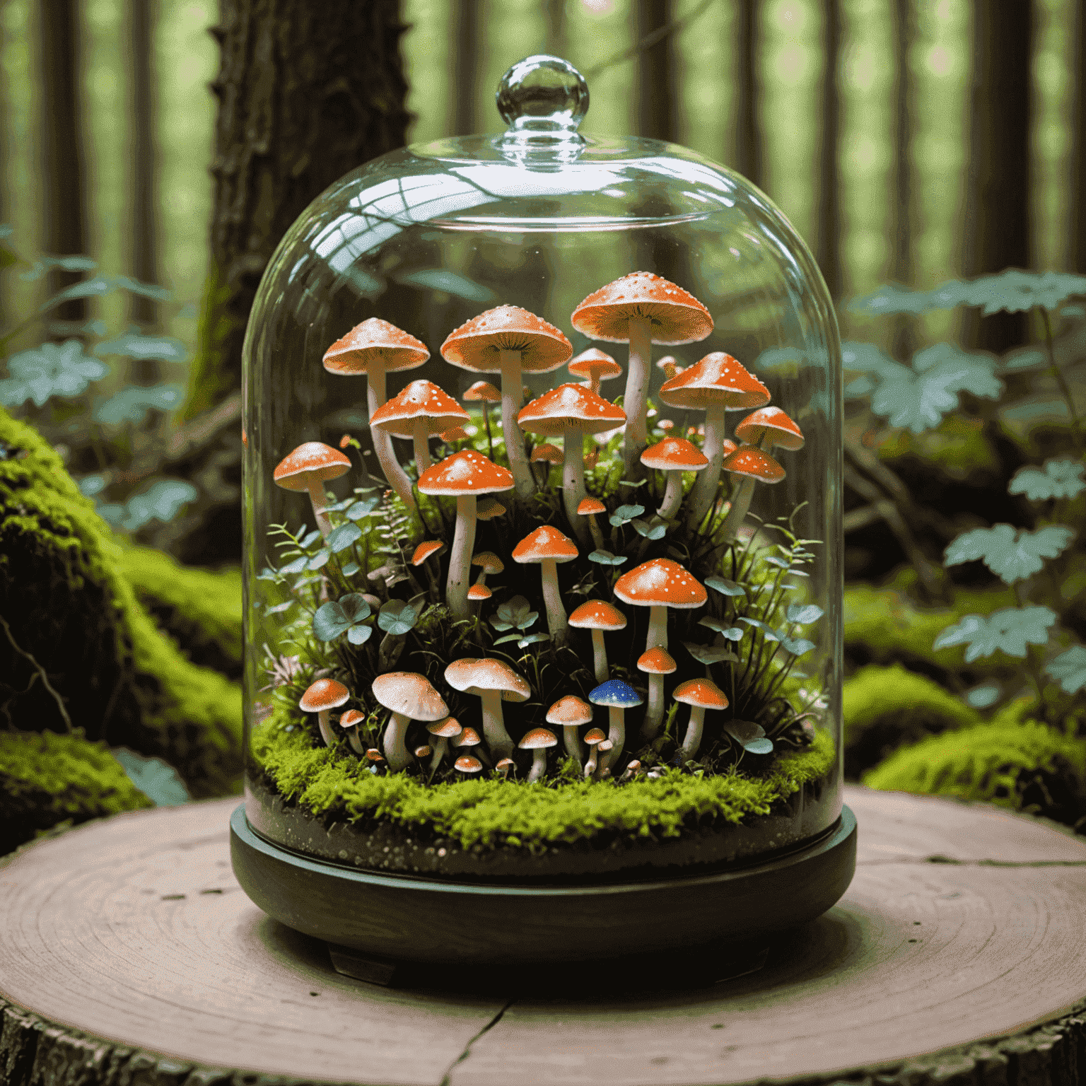 A beautiful mushroom terrarium in a glass container, showcasing various colorful mushrooms growing in a miniature forest-like environment