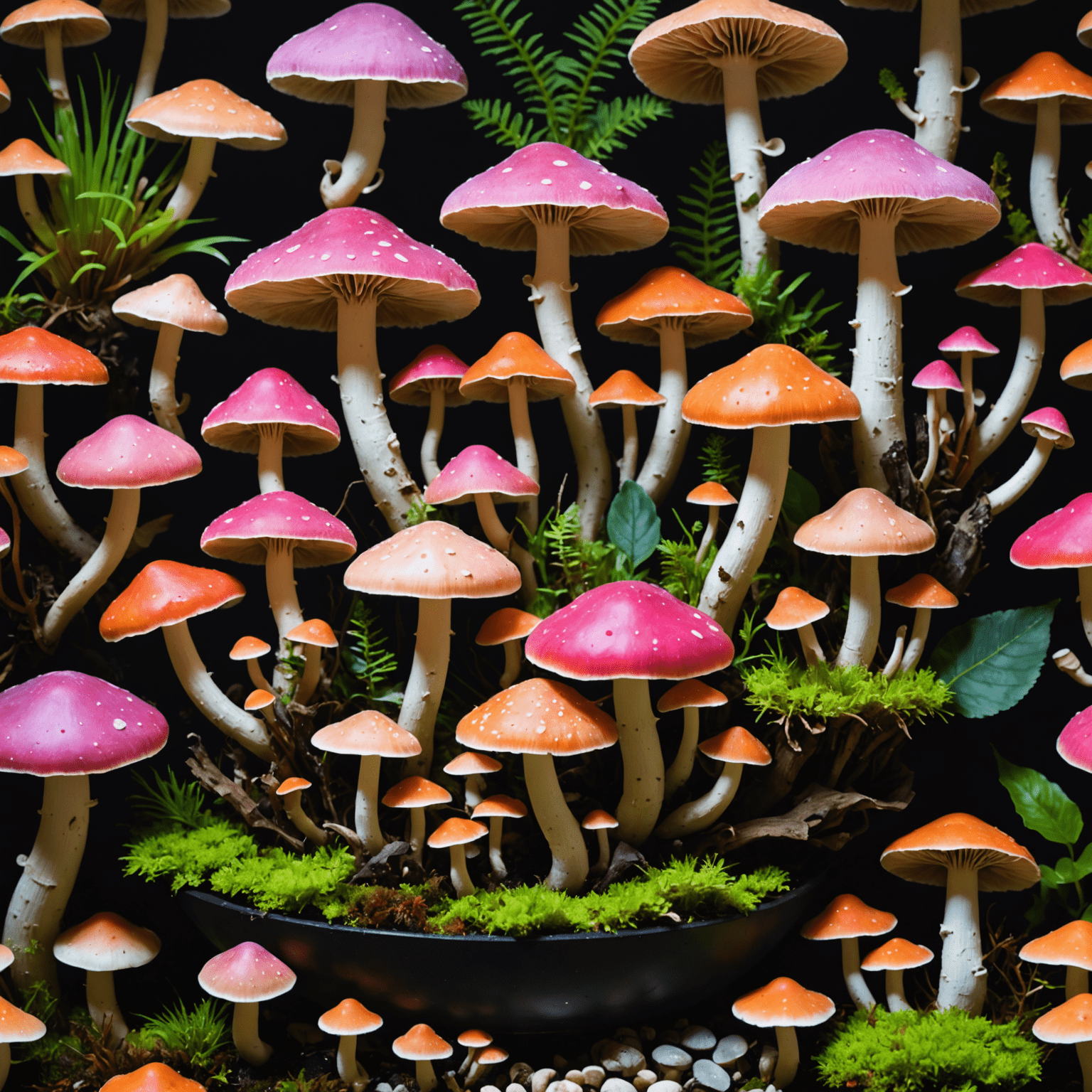 A collection of healthy ornamental mushrooms in various colors and shapes, growing in a terrarium-like setup. The mushrooms are vibrant and diverse, showcasing different species such as pink oyster, lion's mane, and reishi, all thriving in a controlled indoor environment with proper humidity and lighting.