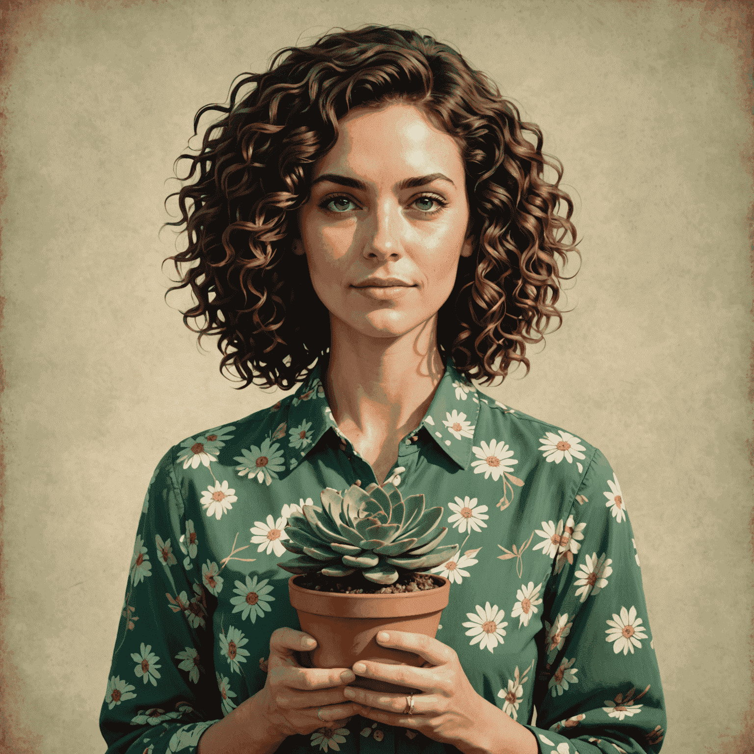 Portrait of Sarah Green, a woman in her 30s with curly brown hair and green eyes, wearing a floral shirt and holding a small potted succulent