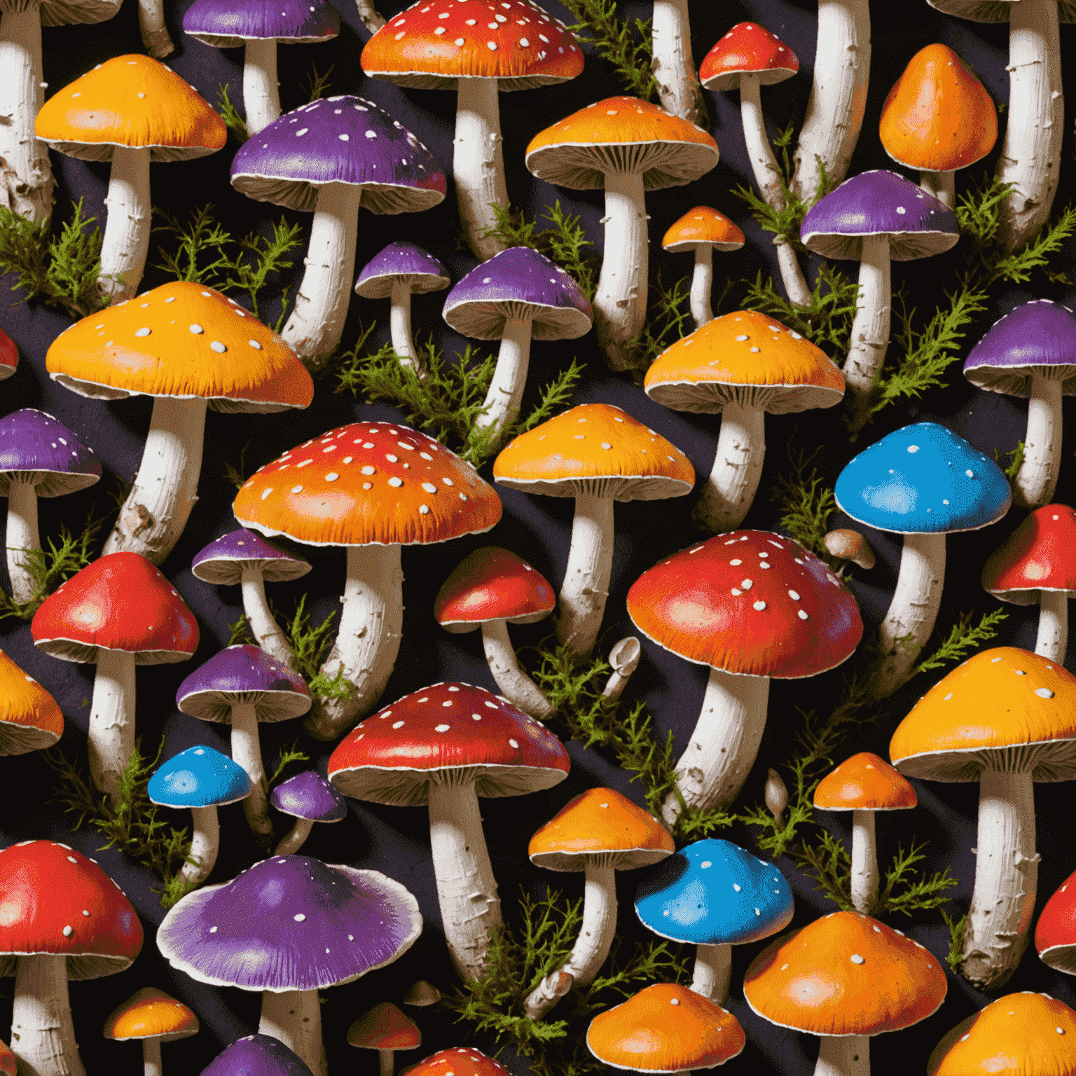 A vibrant display of five different ornamental mushroom species, each with unique colors like purple, red, yellow, blue, and orange