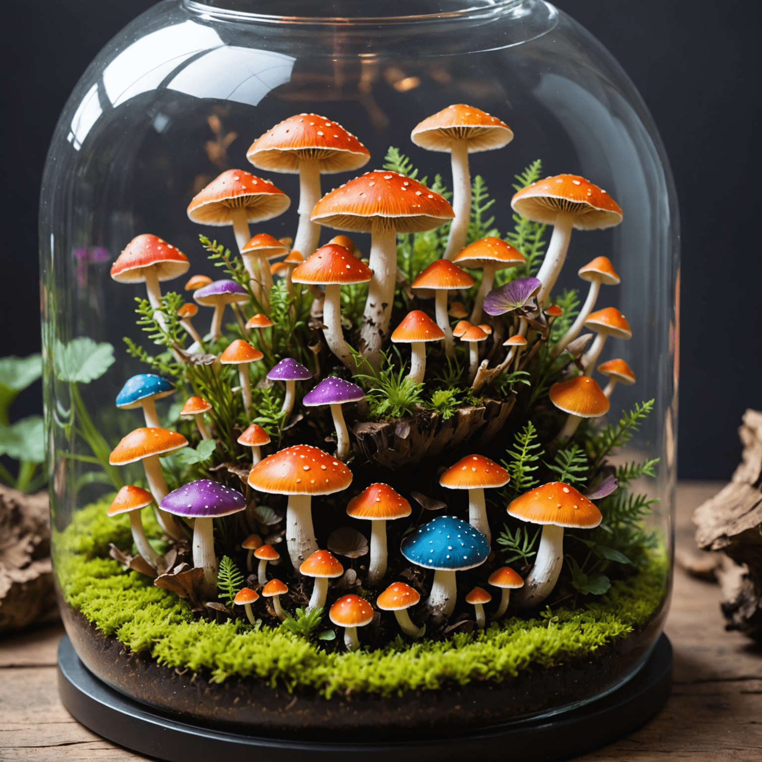 A collection of colorful ornamental mushrooms growing in a terrarium, showcasing various species with vibrant caps and unique shapes