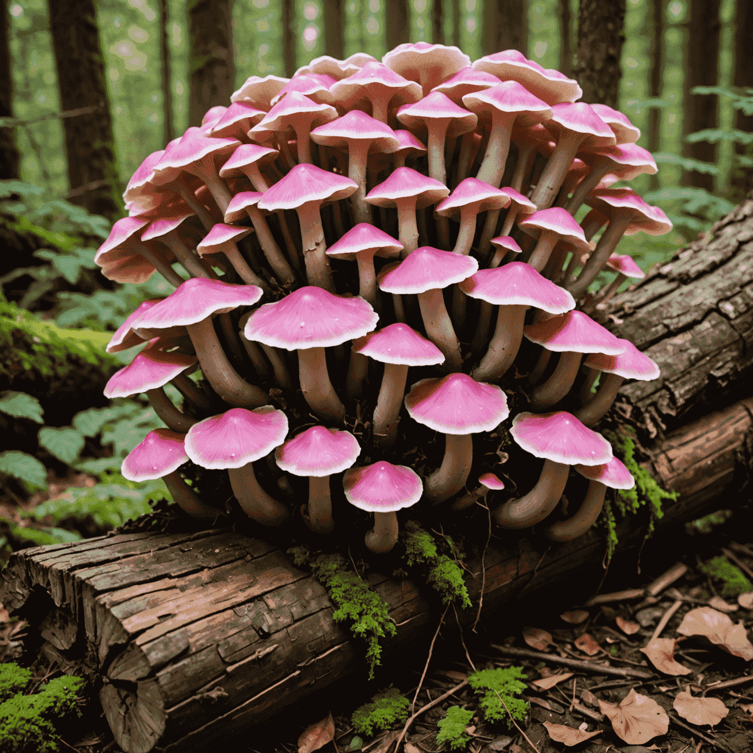 A cluster of vibrant pink oyster mushrooms growing on a log