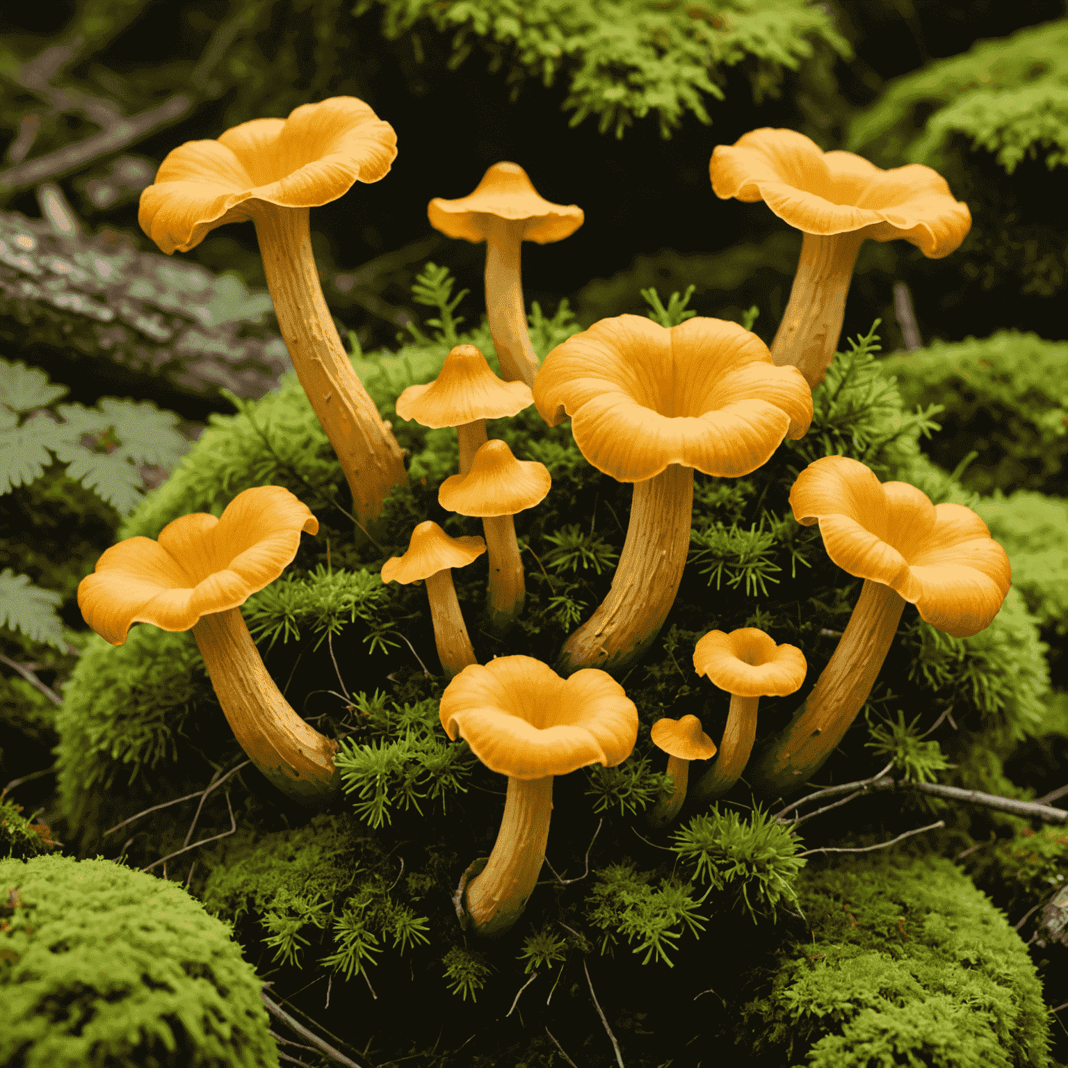 A group of golden-yellow chanterelle mushrooms with wavy, funnel-shaped caps and ridged undersides, arranged on a bed of moss