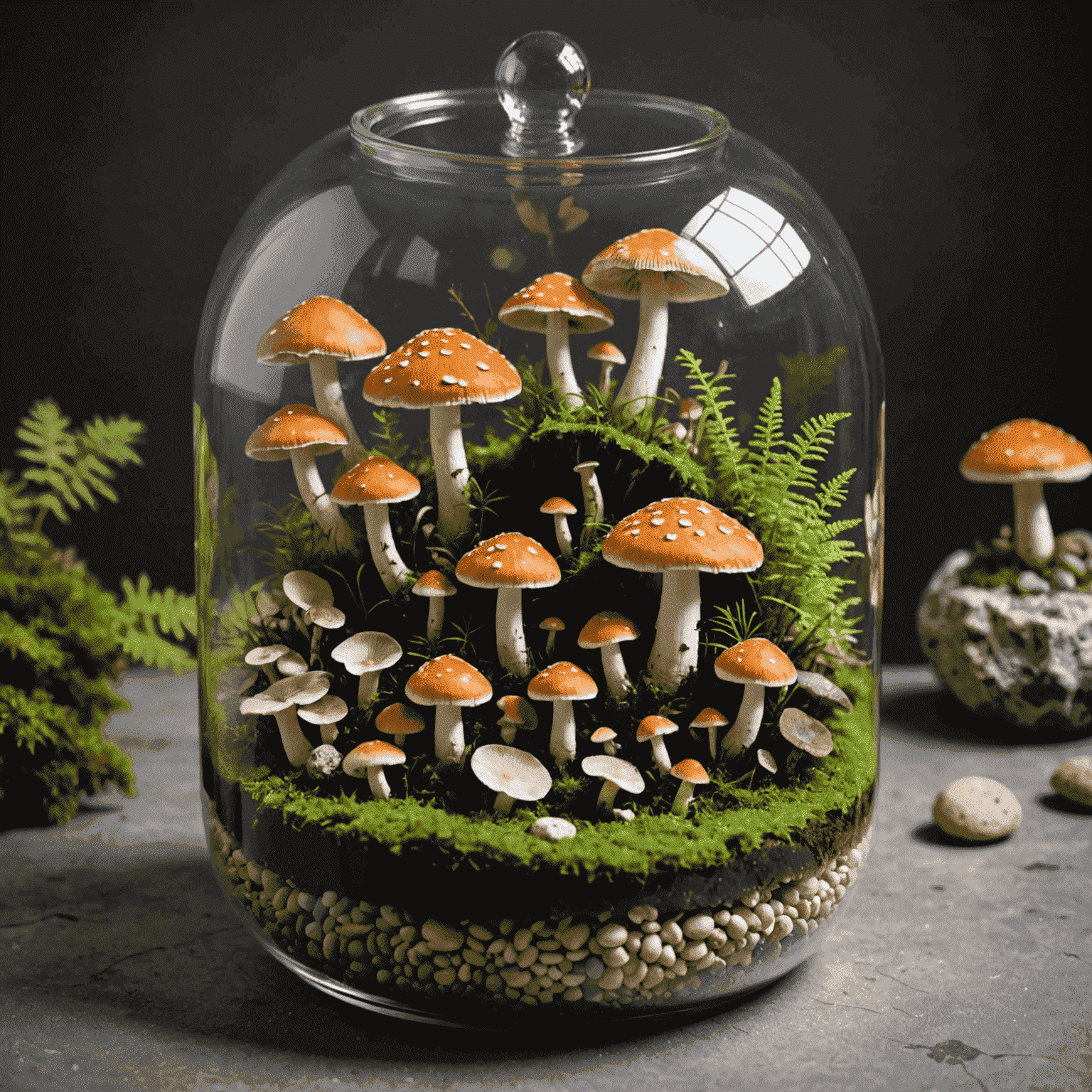 A beautifully arranged mushroom terrarium featuring various ornamental mushroom species growing among moss and decorative stones in a glass container