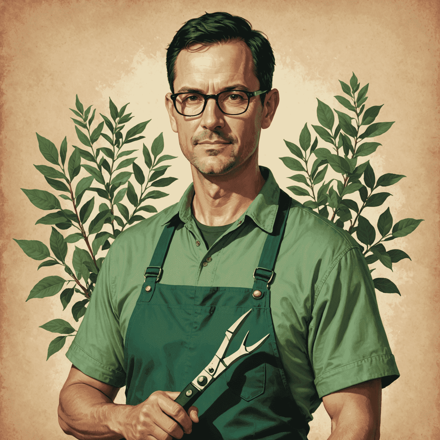 Portrait of Mike Bloom, a man in his 40s with short black hair and glasses, wearing a green apron and holding pruning shears