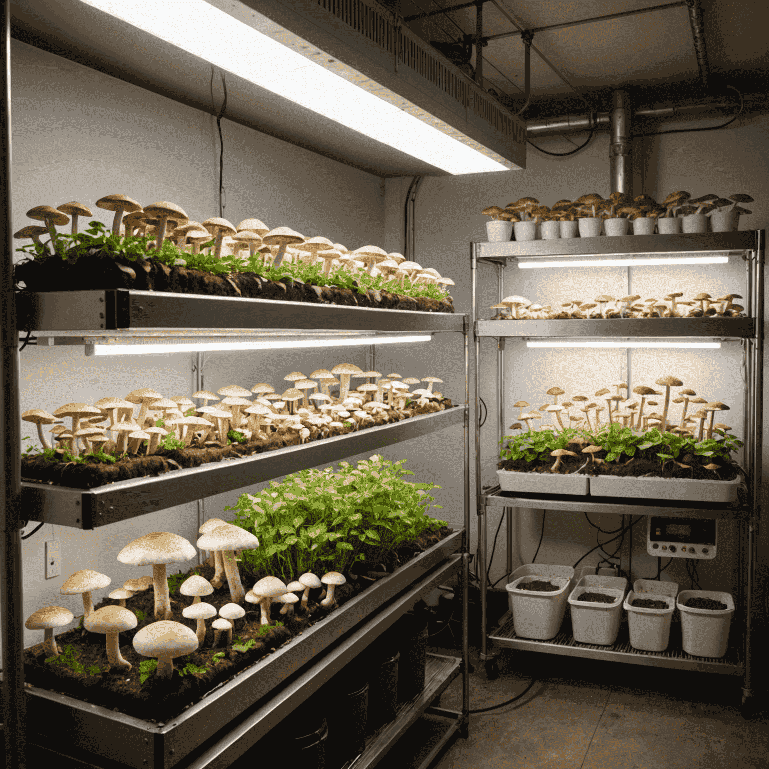 A well-maintained indoor mushroom growing setup with proper lighting, humidity control, and temperature monitoring equipment