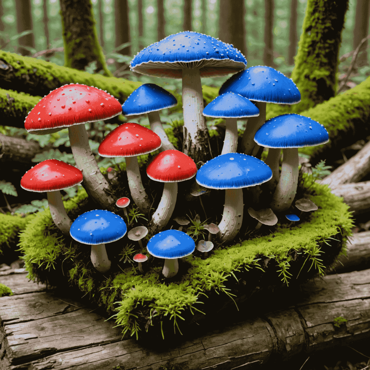 A display of five different ornamental mushroom species, each with unique colors ranging from bright red to electric blue, arranged artistically on a moss-covered log