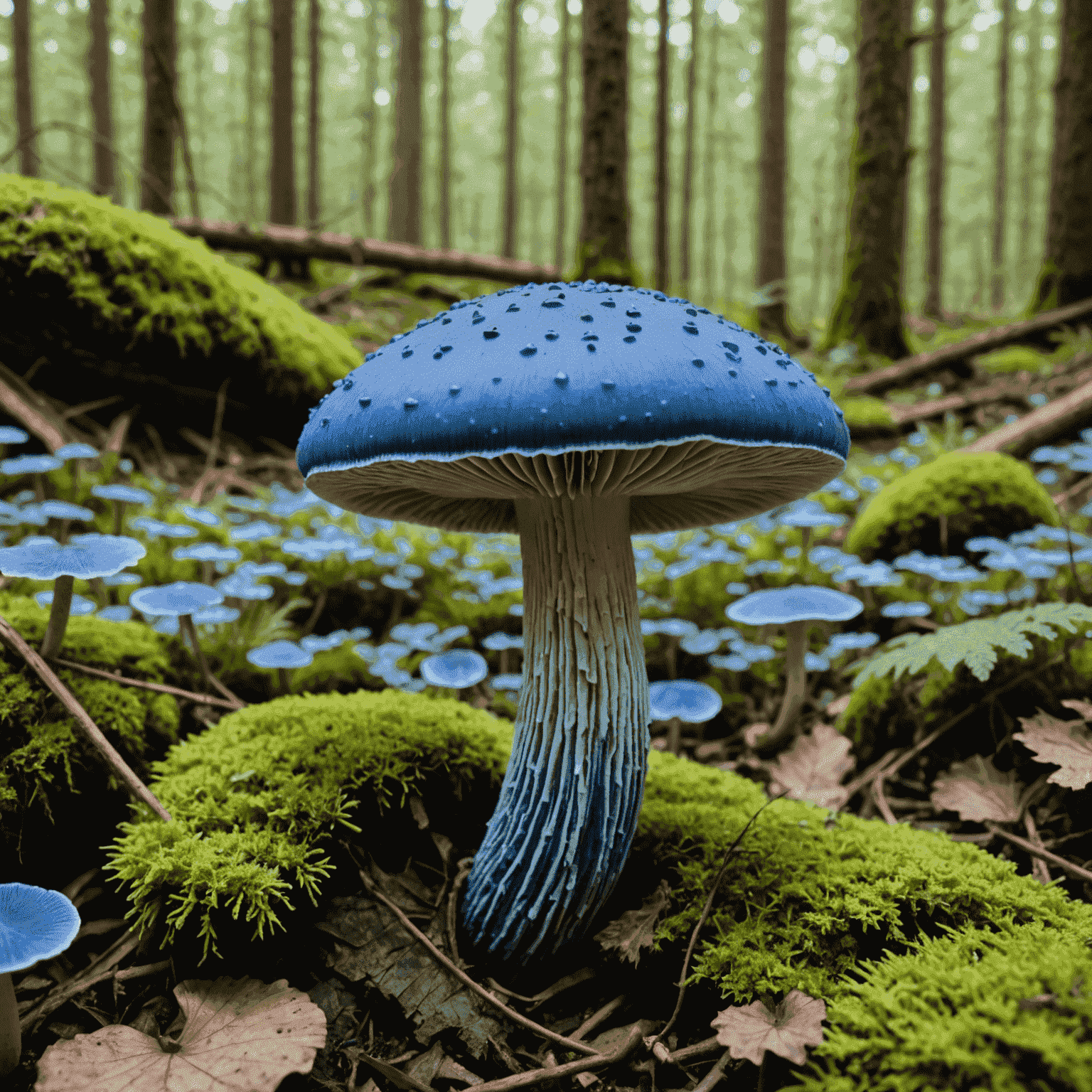 A close-up of a blue Indigo Milk Cap mushroom with a concave cap and dark blue gills, showcasing its unique color against a forest floor background