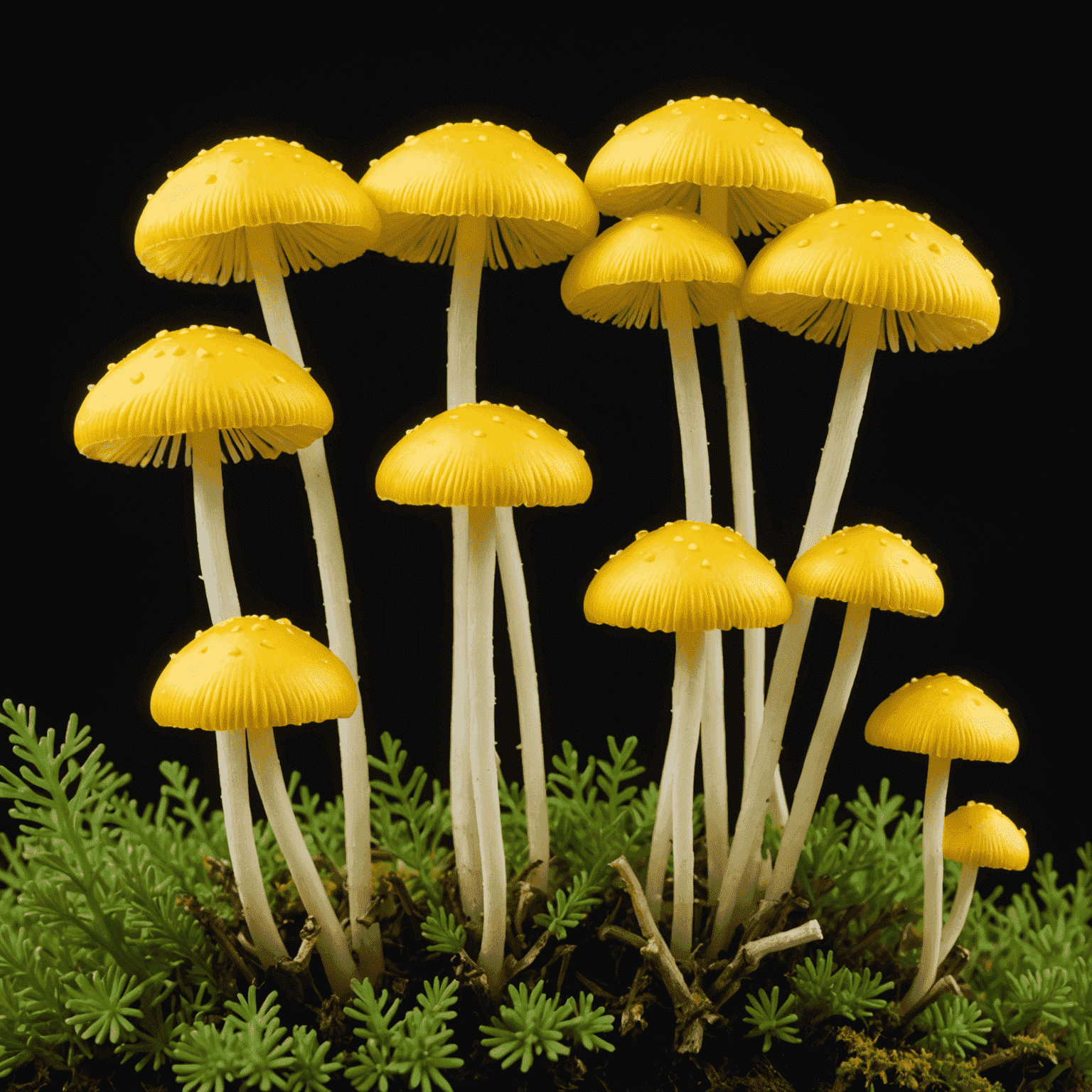 A group of small, bright yellow enoki mushrooms with long stems