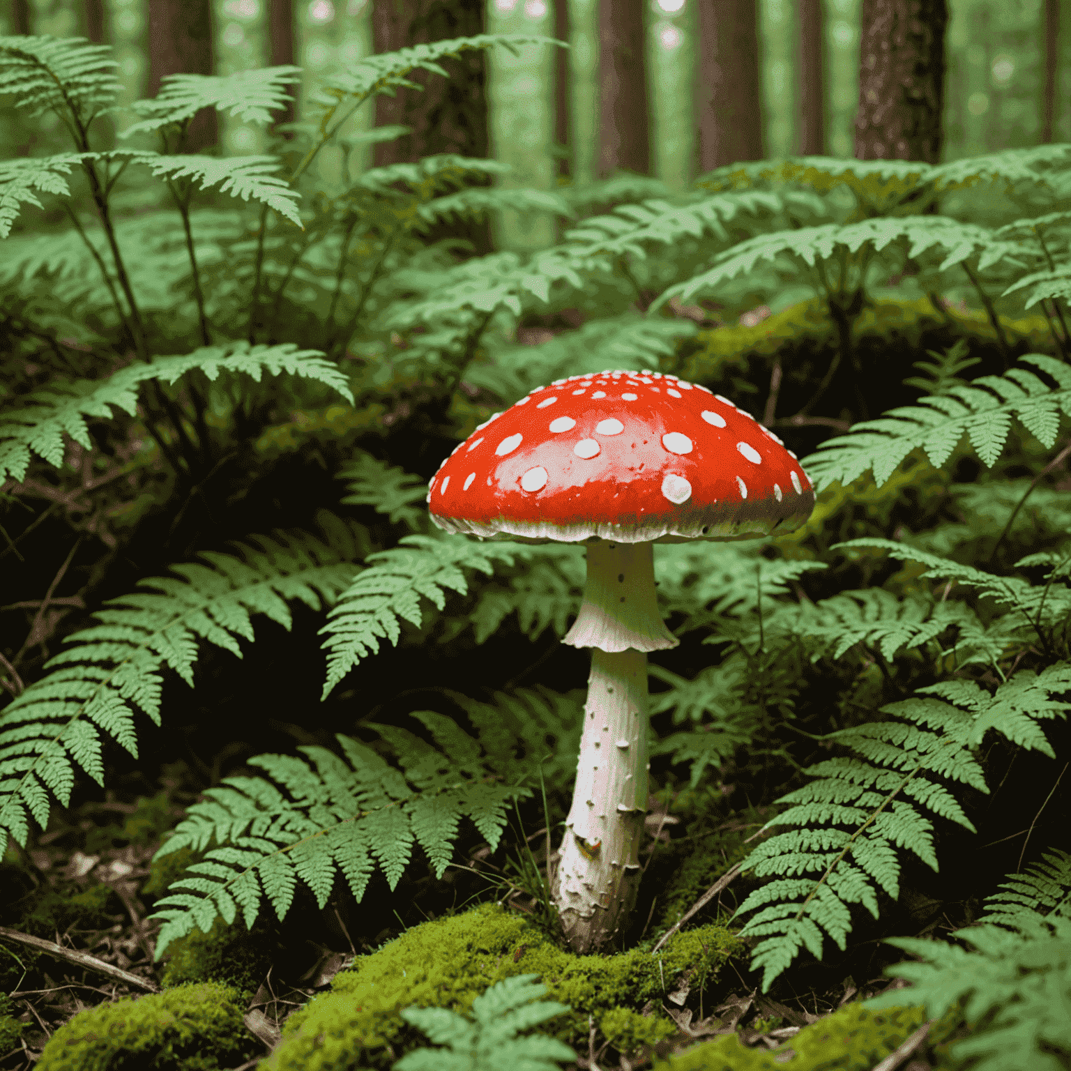 A classic red and white spotted Fly Agaric mushroom with a domed cap, set against a backdrop of green ferns and pine needles