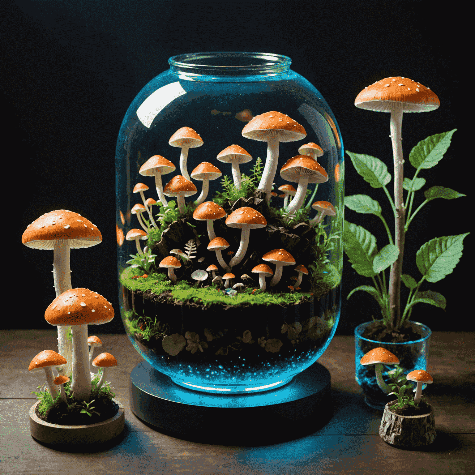 A step-by-step collage showing the process of creating a mushroom terrarium, from preparing the container to the final product with glowing bioluminescent mushrooms