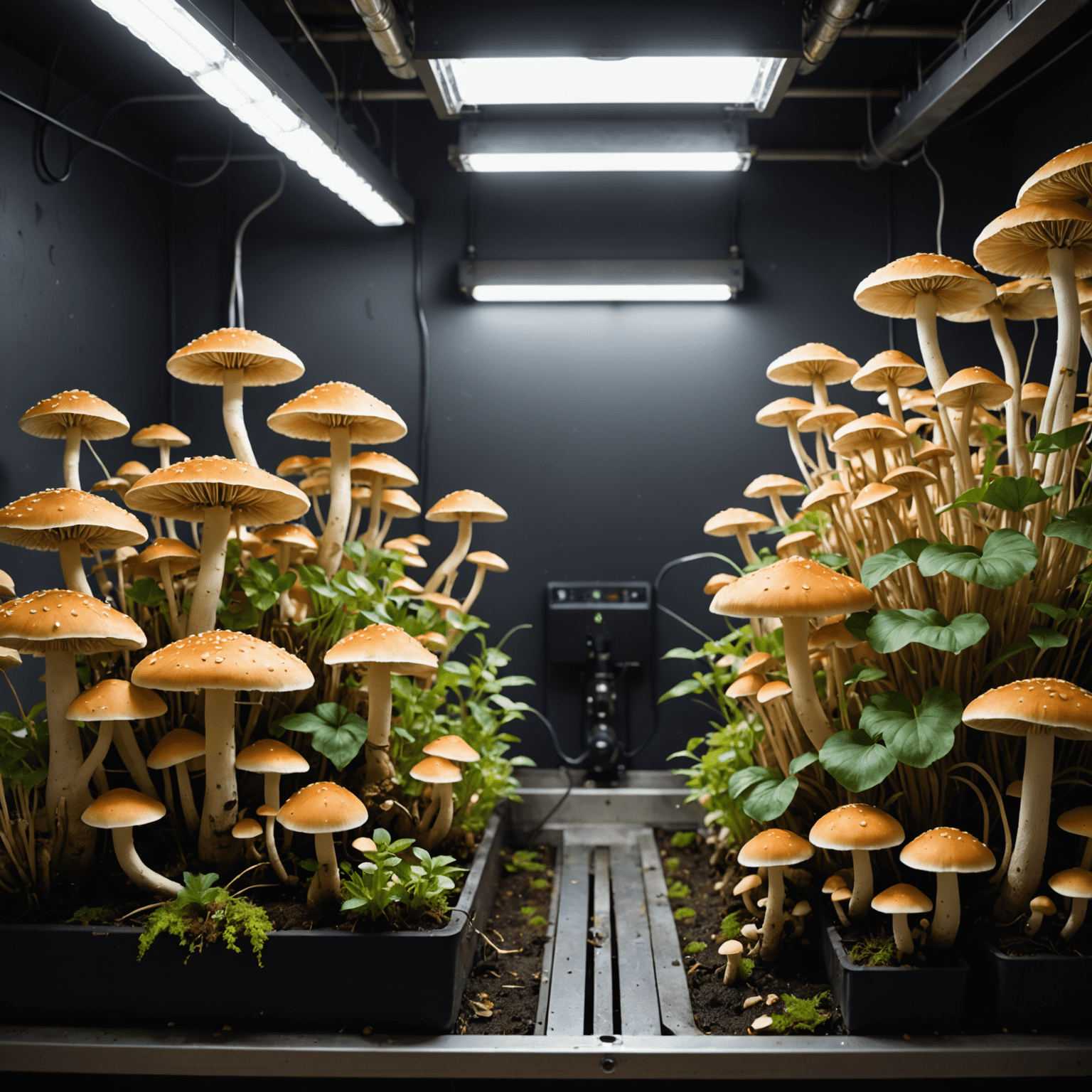 A well-organized mushroom growing setup with controlled lighting and humidity