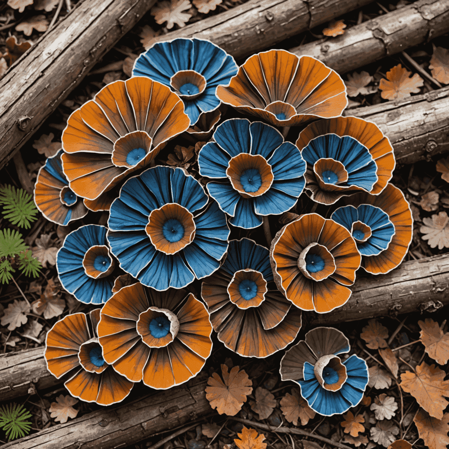 Multiple layers of fan-shaped Turkey Tail mushrooms displaying various shades of brown, orange, and blue, growing on a fallen log