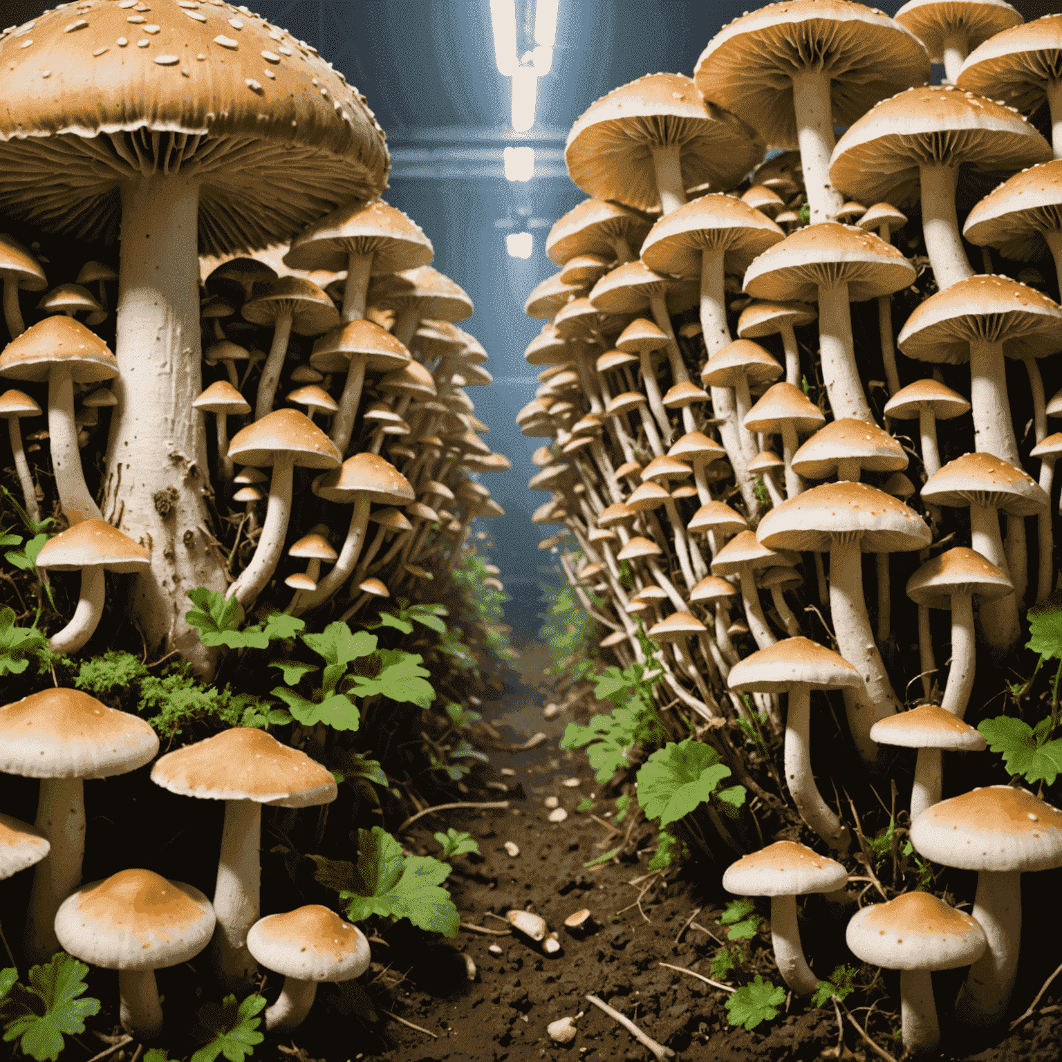 A split image showing common mushroom cultivation issues on one side and their solutions on the other, including pest control methods and sterile cultivation techniques